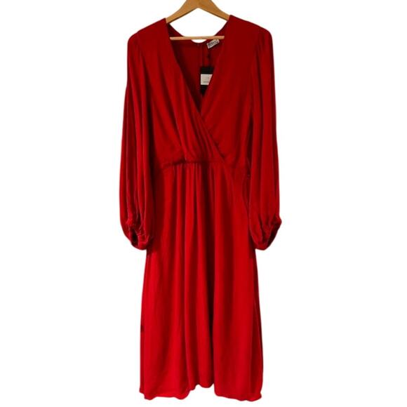 lORANE NWT Red Viscose Dress Brazil Romantic Feminine Midi Faux Wrap Party LARGE - Picture 2 of 15